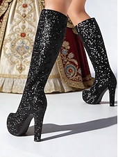 preiswerte Frauen Schuhe-Damen Mardi Gras Silber Glitter Plateau Stiefel - Knöchelhohe Klobige Absatz-Schuhwerk für Venezianische Maskeraden Kostümbälle  Festliche Partykleidung