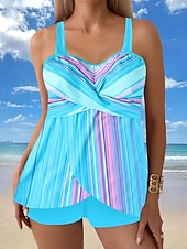 preiswerte Tankinis-Damen Tankini 2-teilig Badeanzug Shorts Bauchkontrolle Hohe Taille Slim Rückenfrei Urlaub Strandbekleidung Ombre Gestreift V-Ausschnitt Ärmellose Badeanzüge