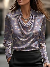 economico Bluse Eleganti-Per donna Camicia Elegant Top in raso A calotta di seta Stampato Drappeggiato Floreale Elegante Casual Manica Lunga Scollo a Cascata Top Regolari Quotidiano Lavoro Ferie Viola Primavera Autunno