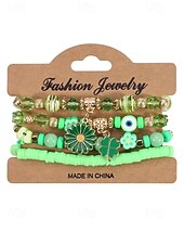 baratos Acessórios-Conjunto de pulseiras femininas para o Dia de São Patrício, pulseiras empilháveis de várias voltas com contas verdes, estilo trevo da sorte, materiais de liga metálica e cristais sintéticos, joias festivas irlandesas para mulheres.