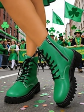 cheap Women's Shoes-Women's Green Lace-up Boots with St. Patrick's Day Vibe – Stylish Durable Boots with Sturdy Soles, Ideal for Parades, Outdoor St. Patrick's Day Celebrations and Festive Adventures