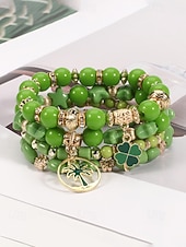 baratos Acessórios-Conjunto de pulseiras femininas para o Dia de São Patrício, pulseiras empilháveis de várias voltas com contas verdes, estilo trevo da sorte, materiais de liga metálica e cristais sintéticos, joias festivas irlandesas para mulheres.