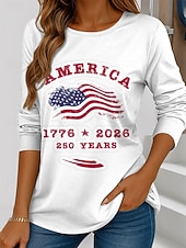 ieftine Ziua Independenței Top-Ziua Independenței Americane Pulover pentru Femei T Shirt Grafic Steag Stilat Casual Mâneci Lungi Guler Crew Tops Regulate Imprimare Albastru Alb Roșu Vară Primăvară
