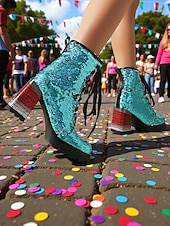 billiga Kvinno skor-Damernas Mardi Gras Glittrande Paljetterstövlar med Blockklack Trendig Stjärndesign Bekväm Passform Idealiska för Karneval eller Fester