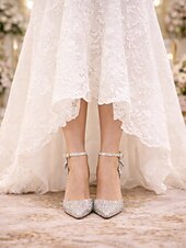 economico sposa-Scarpe da sposa con tacco argento scintillante da donna con fiocco – eleganti scarpe da sposa con punta a punta e cinturino alla caviglia per la sposa