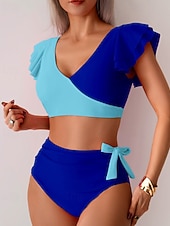 Χαμηλού Κόστους Σετ μπικίνι-Γυναικεία Μαγιό 2 κομμάτι Προκλητικό Μαγιό Σουρωτά Κουρελού Εξώπλατο Διακοπές Ρούχα παραλίας Συνδυασμός Χρωμάτων Λαιμόκοψη V Αμάνικο Μαγιό