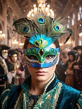 billige Tilbehør-Kvinnes påfugl fjær venetiansk masquerade-maske - grønn paljetter kostyme tilbehør karnevalpartier Mardi Gras cosplay  elegante masquerade-arrangementer