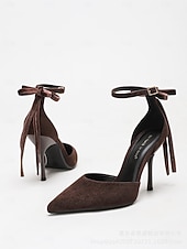economico Invitato al matrimonio-scarpe con tacco alla caviglia in pelle scamosciata color carne da donna: eleganti décolleté a punta stiletto per matrimoni al chiuso, invitati a nozze e scarpe eleganti per feste formali