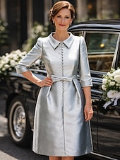 preiswerte Teelänge-Schlauchkleid Knielang Partykleid Cocktailkleid Kleid für Hochzeitsgäste Brautmutterkleid Dreiviertelarm Hemdkragen Elegant Minimalistisch Hochzeitsgast Cocktailparty Formeller Abend Stretch Satin mit