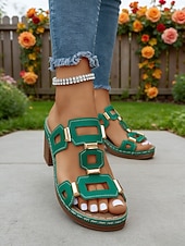 olcso Kényelmes szandálok-Női zöld blokk sarkú, hétköznapi szandál, tartást adó, párnázott talpbetéttel, stabil középsarkú kialakítással mindennapi viseletre, városi sétákra, utazásra és társasági eseményekre.