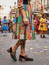 billige Damesko-Flerfargede oxfordsko med blokkhæl til dame – retro pumps med snøring i fargeblokker for karnevalskostymer, klovner og funky hverdagsklær