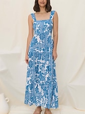 tanie Sukienki kwiatowe-Damskie Sukienka maxi Sukienka A line Sukienka na ramiączkach Urlop Codzienny Na zewnątrz Wyjściowe Luźna Kwiaty Graficzny Bez rękawów Cienkie ramiączka Niebieski Błękit nieba Pomarańczowy Zielony