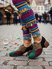 billige Damesko-Flerfargede oxfordsko med blokkhæl til dame – retro pumps med snøring i fargeblokker for karnevalskostymer, klovner og funky hverdagsklær