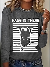 Χαμηλού Κόστους Τέχνη &amp; Σχεδίαση μπλουζάκι-Χριστούγεννα Γυναικεία Μπλουζάκι Στάμπα Γραφική Ζώο Γάτα Βίντατζ Μοντέρνα Στυλάτο Μακρυμάνικο Στρογγυλή Ψηλή Λαιμόκοψη Στρογγυλή Λαιμόκοψη Κανονικά μπλουζάκια Καθημερινά Σαββατοκύριακο