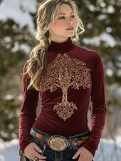billige Boho t-skjorte-Dame Tunika T-skjorter Trykt mønster Blomstret Grafisk Elegant Årgang Mote Langermet Høyhalset Vanlige topper Daglig Ut på byen Helg Blå Svart Vin Grønn Vår Vinter