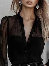 Недорогие Нарядные блузки-Жен. Рубашка Elegant Атласный верх Блуза Пэчворк Сетка Полотняное плетение Стиль Длинный рукав V-образный вырез Обычные топы Повседневные Праздники На выход Черный Лето Весна