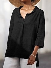 cheap Plain Blouses-Women's Blouse Faux Cotton Linen Ruched Solid Color Stylish Casual 3/4 Length Sleeve V Neck Regular Tops Daily Black White Orange Summer Spring
