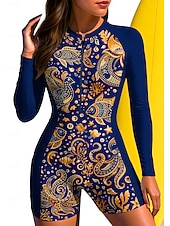 お買い得  ワンピースラッシュガード-女性用 レギュラー ラッシュガード 水着 ボイレグ フラワー トロピカル風 ジッパーを閉める 取り外し式パッド フロントファスナー UVサンプロテクション UPF50+ 超軽量(UL) 長袖 スイムウェア ラッシュガード サーフィン ビーチ ウォータースポーツ 夏