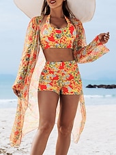 billige Bikinisett med 3 deler-Kvinners Bikini 3 Delt Badedrakt Shorts Slim Ryggløs Ferie Strandtøy Blomster Halter Hals Ermeløs Badedrakt
