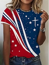 رخيصةأون عيد الاستقلال الأعلى-تي شيرت نسائي وطني لعيد الاستقلال برسمة علم عتيقة أنيقة كلاسيكية بأكمام قصيرة بحافة عادية يومية عطلة مطبوعة زرقاء ربيع صيف