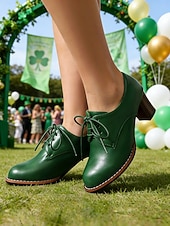 Χαμηλού Κόστους Γυναικεία παπούτσια-Γυναικεία oxfords με πράσινα τακούνια για την ημέρα του Αγίου Πατρικίου - vintage παπούτσια με κορδόνια και τακούνι για εορταστικά πάρτι και παρελάσεις