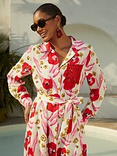 cheap Casual Dress-Abstract Floral Print Long Shirt Maxi Dress Vacation Casual