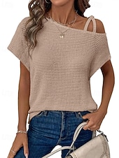 abordables Camiseta lisa-Mujer Camiseta Color sólido Vintage Elegante Manga Corta Cuello asimétrico Tops regulares Diario Noche Fin de semana Negro Blanco Rosa Caqui Verano Primavera