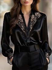 cheap Dressy Blouses-Women's Shirt Elegant Satin Top Blouse Ruched Lace Patchwork Plain Elegant Vintage Daily Long Sleeve Puff Sleeve V Neck Regular Tops Daily Work Holiday Black White Fall Winter