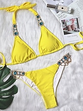 رخيصةأون أطقم البيكيني-ملابس سباحة نسائية بيكيني من قطعتين بظهر غير مغطى للنساء شاطئ العطلات مع تصميم بسيط عنق مزين وبدون أكمام