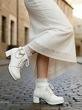 cheap Bride-Women's White Bridal Ankle Boots – Lace-Up Wedding Shoes with Heart and Pearl Decoration, Chunky Heel for Vintage-Inspired Brides