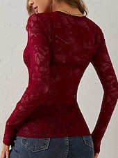 baratos Tops de Renda-Mulheres Blusa Tops de renda Renda Tecido à moda Sensual Manga Longa Decote V Tops regulares Diário Feriado Para Noite Preto Branco Vinho Azul Marinha Verde Esmeralda Outono Inverno