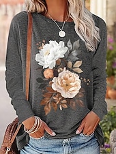 billiga Blommig t-shirt-Dam T-shirt Mönster Blommig Grafisk Växter Mode Stylish Klassisk Långärmad Rund hals Vanliga toppar Dagligen Helgen Grå Sommar Vår Höst