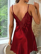 お買い得  レディース ワンジー-女性用 ナイトガウン 活発的 セクシー カジュアル ピュアカラー レース バックレス ドレス 日常 家 ベッドサイド ノースリーブ ストラップ ライトピンク ブラック シャンパン ルビーレッド パープル 夏 レギュラー