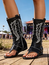 preiswerte Cowboy &amp; Western Stiefel-Rote Boho-Western-Stiefeletten für Damen mit offener Zehenpartie und Stickereien – perfekt für Musikfestivals und legere Outdoor-Veranstaltungen