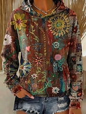 billiga Blommiga Huvtröjor-Dam Pullover Hoodie Sweatshirt Lappverk Mönster Framficka Blommig Grafisk Vintage Ledigt Långärmad Huva Vanliga toppar Ledigt Gata Vardag Purpur Brun Grön Vår Vinter