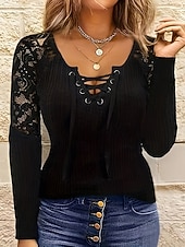 economico Top in Pizzo-Per donna Blusa Pizzo Patchwork Semplice Elegante Manica Lunga Scollo a V Top Regolari Ferie Uscire Nero Estate Primavera Autunno
