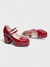 お買い得  女性の靴-女性用マルディグラ赤のパテントフェイクレザープラットフォームヒールにダブルバックルのメリージェーンシューズ - カーニバル、パレード、フェスティバルのお祝いに最適