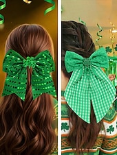  Juego de 2 pinzas para el pelo con lazo verde para mujer, para el Día de San Patricio, con lentejuelas brillantes. &Accesorios para el cabello con cinta de cuadros vichy para fiestas y desfiles en