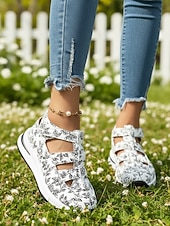 billiga Sport Sandaler-Svartvita blommiga sportsandaler för kvinnor – ihåliga promenadskor med sluten tå och kilformad sula för sommarresor och utomhusaktiviteter