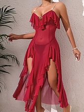 tanie Jednoczęściowe piżamy (kombinezony) damskie-Damskie Odzież domowa Koszula nocna Moda Seksowny Codzienny Czyste kolory Niejednolita całość Siateczka Sukienka Dom Urlop Bez rękawów W serek Czarny Biały Wino Czerwony Lato Wiosna Regularny