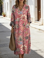 abordables Robes fleuries-Femmes Robe Midi Robe fourreau Occasionnel Quotidien Sortir Coupe Ample Fleuri Graphique Tropical manche longue Col en V Bleu Rose Claire Rouge Été Printemps