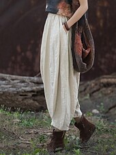 economico Collezione di Lino Premium-Pantaloni da donna in lino biologico con elastico in vita e tasche a lanterna