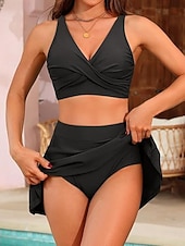 Недорогие Бикини-Женский бикини из 2-х частей Купальник Юбка Узкий Без спины Отпуск Пляжная одежда Полосатый V-образный вырез Без рукавов