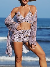 Χαμηλού Κόστους Σετ μπικίνι 3 τεμαχίων-Γυναικείο Μπικίνι 3 Τεμαχίων Μαγιό Σορτς Slim Χωρίς Πλάτη Διακοπές Παραλία V Λαιμός Αμάνικο Μαγιό