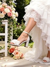 preiswerte Braut-Weiße, blumenverzierte Damen-Sandalen mit Blockabsatz – bequeme Hochzeitsschuhe mit Knöchelriemen, Brautschuhe, perfekt für Hochzeiten und besondere Anlässe
