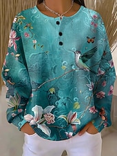 cheap Humor&amp;Quotes Hoodies-Women's Pullover Sweatshirt Buttons Print Floral Graphic Vintage Casual Long Sleeve Crew Neck Regular Tops Casual Street Dailywear Blue Yellow Pink Purple Spring Fall Winter