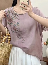 billige Enkle bluser-Dame T skjorte Trykt mønster Blomstret Mote Moderne Fritid Kortermet Crew-hals Vanlige topper Daglig Helg Hvit Lilla Kakifarget Sommer Vår