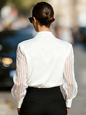 abordables Blusas Elegantes-Mujer Camisa Elegant Top de satén Blusa Frunce Encaje Retazos Color sólido Plano Elegante Vintage Diario Manga Larga Cuello Camisero Tops regulares Diario Trabajo Festivos Negro Blanco Rojo Azul Real