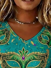 economico Maglietta Arte &amp; Design-Carnevale Per donna Maglietta Stampato Grafico Astratto Vintage Casual Manica Corta Scollo a V Top Regolari Quotidiano Weekend Abbigliamento da vacanza Blu Estate Primavera