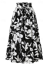 tanie Spódnice casualowe-Damskie Elegancja Moda Codzienny Midi Wysoka talia Spódnice Kwiatowy Ściągana na sznurek Nadruk Średnio elastyczny Codzienny Ulica Granatowy Czerwone wino Czarny Zielony Lato